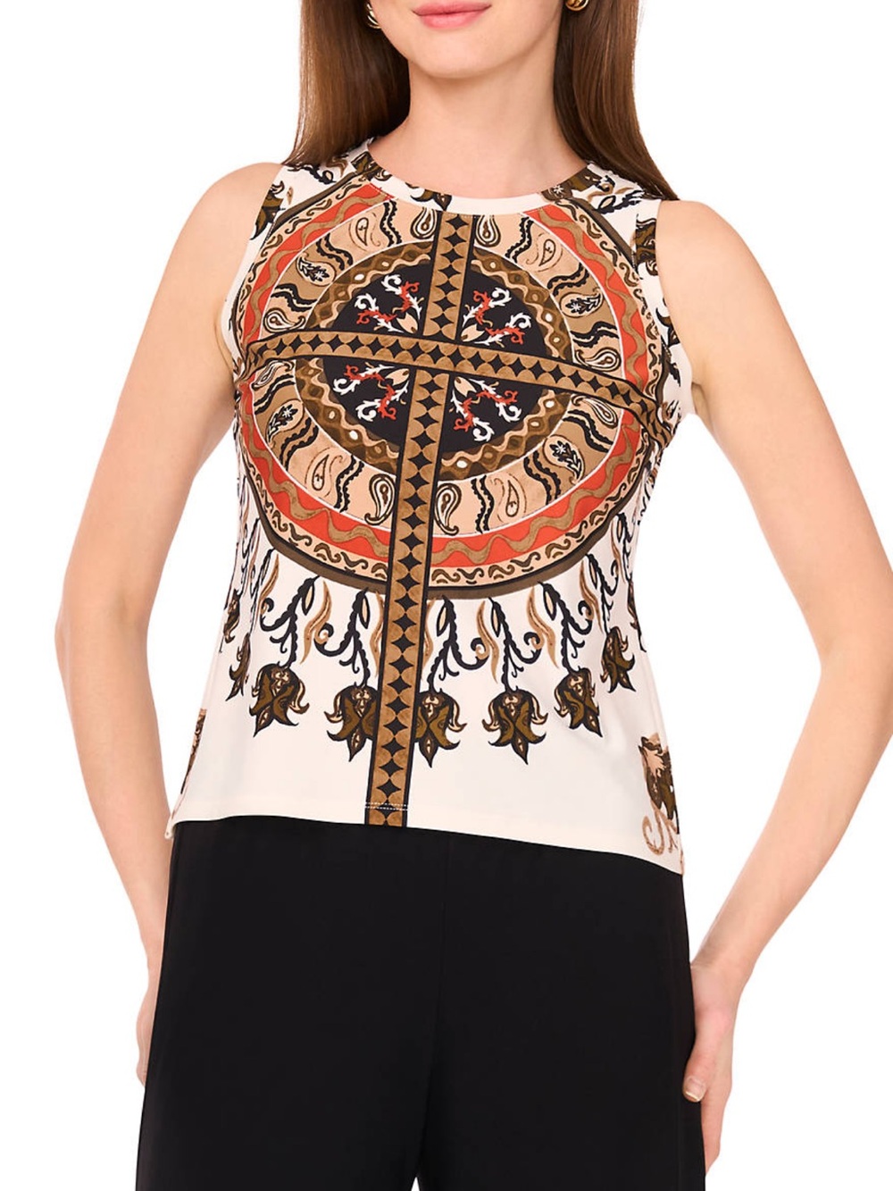 Vince Camuto Cream Multicolor Medallion Sleeveless Top